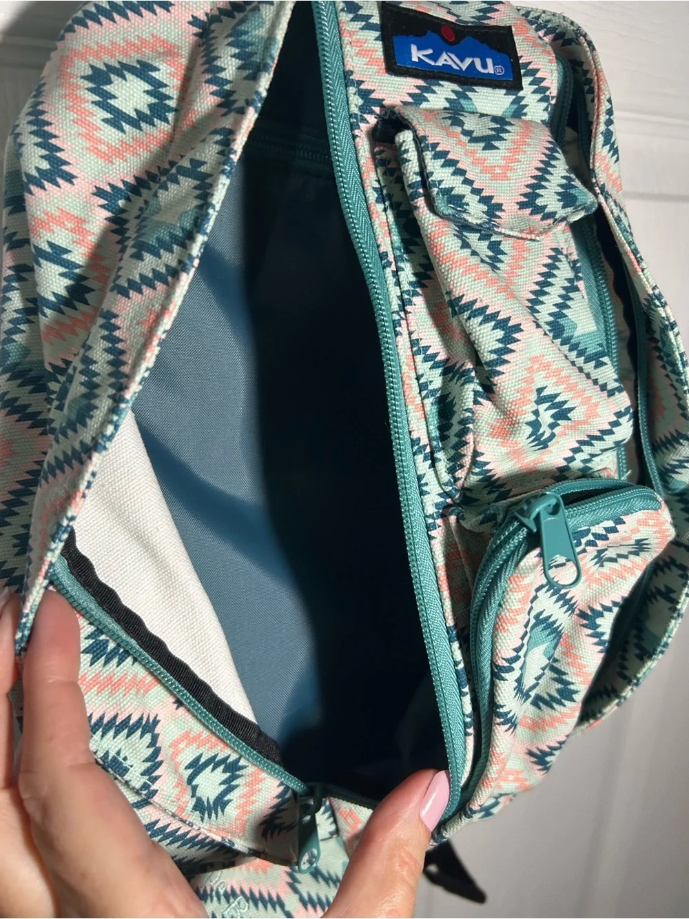 KAVU Rope Bag Sunset Diamond Teal Pink Aztec Sling Bag